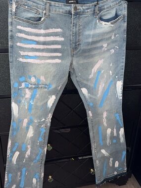 Fashion Nova Men's Light Wash Paint-Splatter Jeans in Blue & Pink